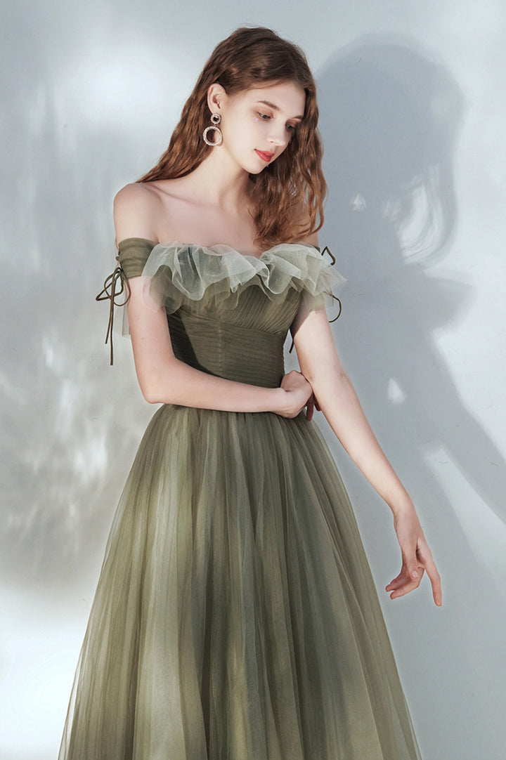 Luolandi Green Tulle Long Prom Dress A-Line Off the Shoulder Evening Dress Beautiful