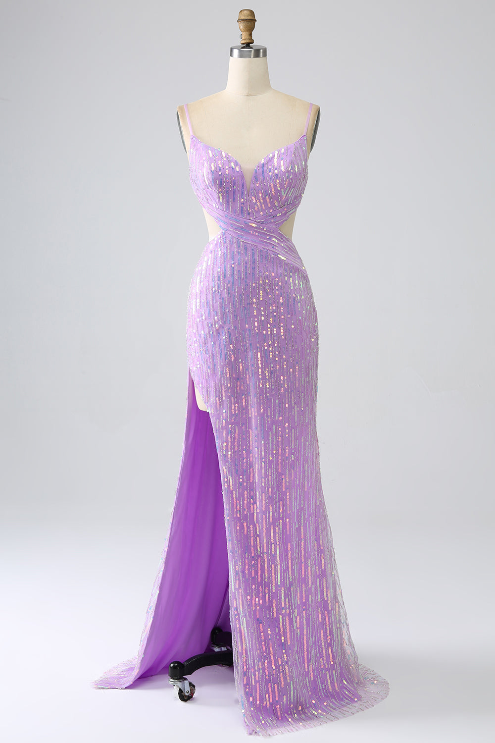 Luolandi Sparkly Purple Mermaid Spaghetti Straps Sequins Prom Dress with Slit Sexy Evening Dresses