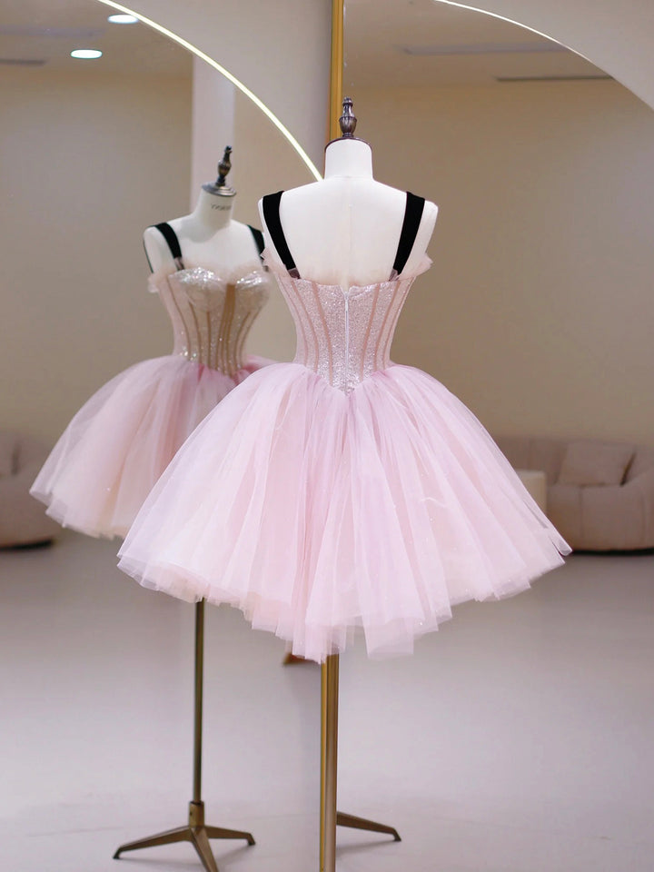 Luolandi Pink Tulle Sequins Sweetheart Short Prom Dress Pink Straps Party Dress Homecoming Dresses