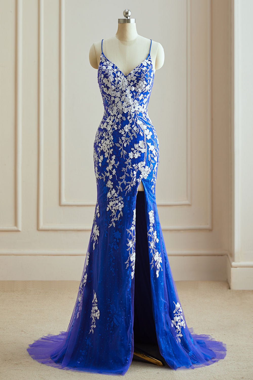 Luolandi Mermaid V Neck Spaghetti Straps Tulle Slit Long Prom Dress With Appliques Sexy