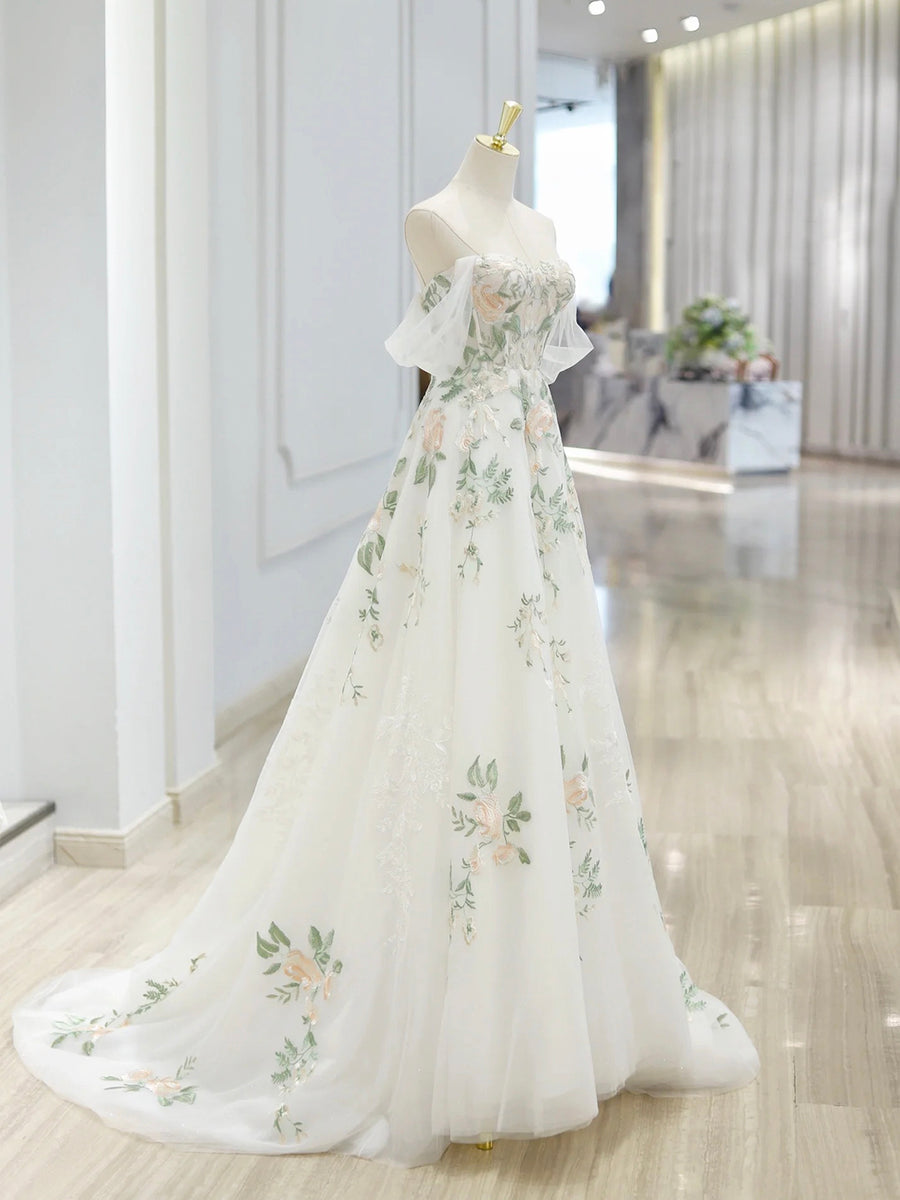 Luolandi Floral Lace Floor Length Prom Dress Beautiful Off the Shoulder A-Line Evening Party Dress