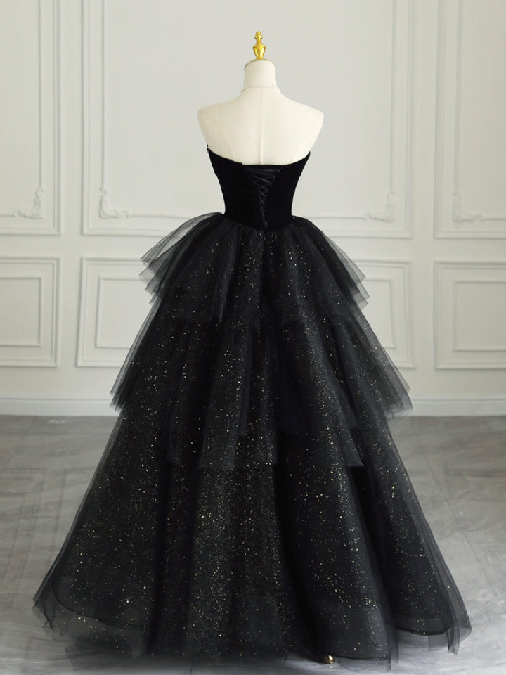 Luolandi Black Strapless Tulle Formal Dress with Velvet A-Line Sweetheart Neck Long Prom Dress Sparkly