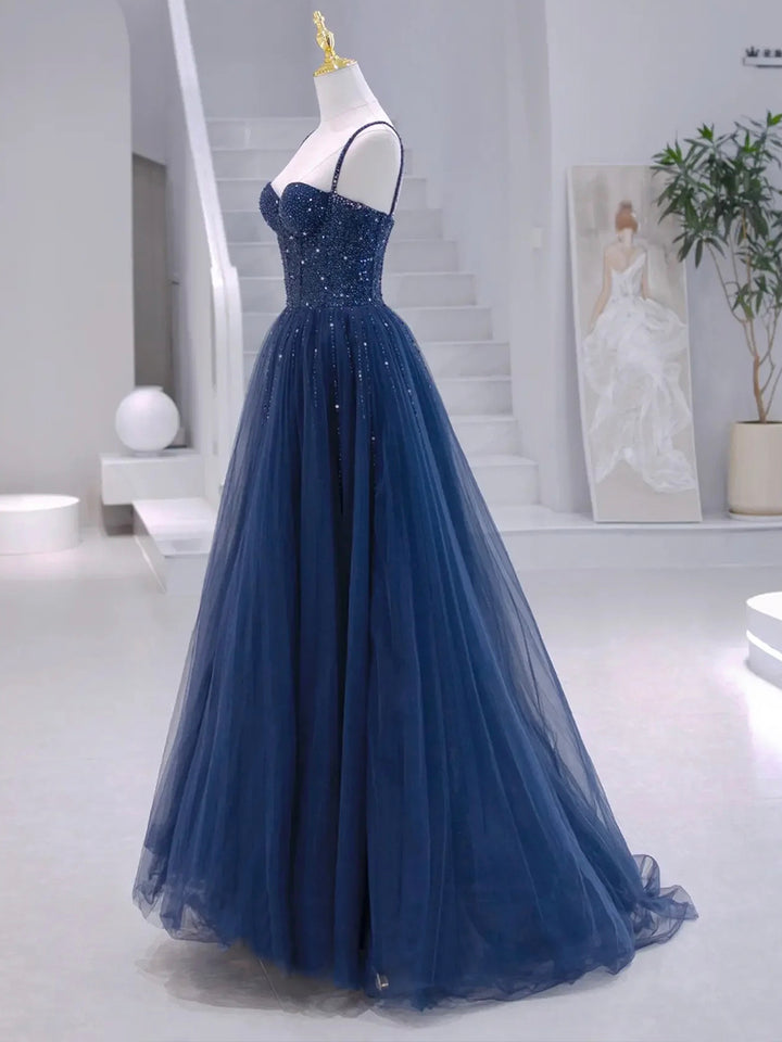 Luolandi Blue Tulle Beaded Long Formal Dress Blue Evening Dress Floor Length Sparkly Prom Dress