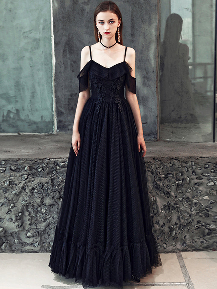 Luolandi Black Spaghetti Strap Tulle Floor Length Formal Dress A-Line Black Party Dress with Lace Sexy
