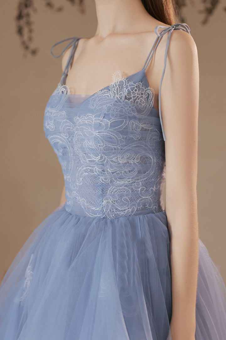 Luolandi Blue V-Neck Tulle Lace Long Prom Dress Lovely Spaghetti Straps Evening Dress Beautiful