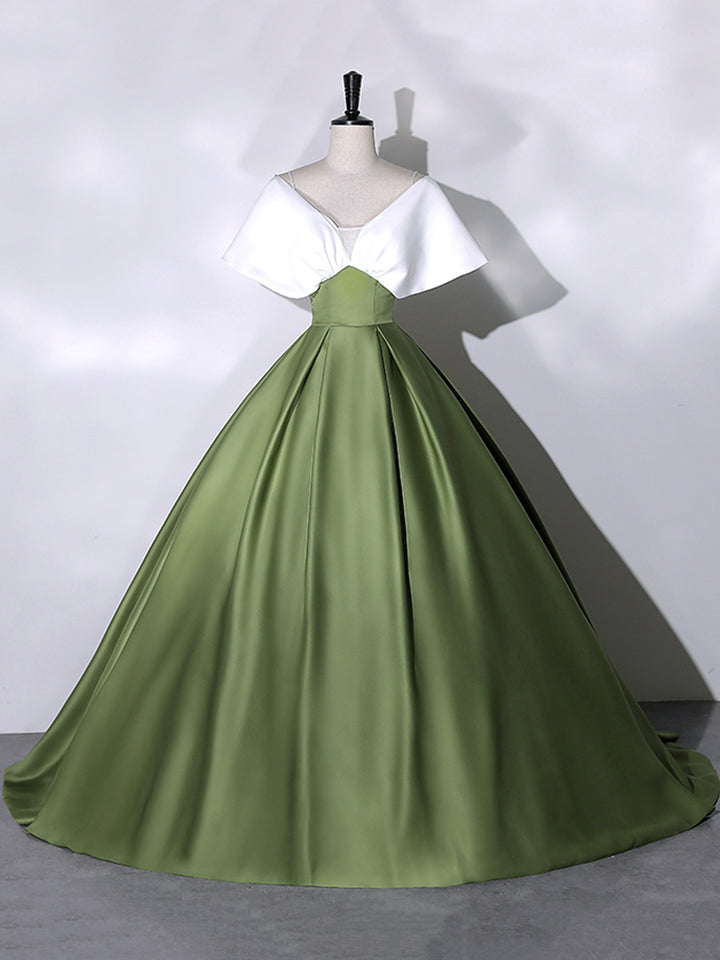 Luolandi +Green Satin Floor Length Prom Dress V-Neck Off the Shoulder Evening Dress Sexy