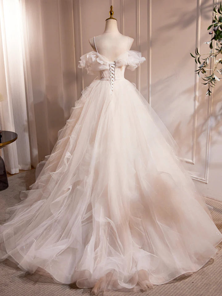 Luolandi Ivory Spaghetti Strap Tulle Long Prom Dress Lovely A-Line Formal Evening Dress Beautiful