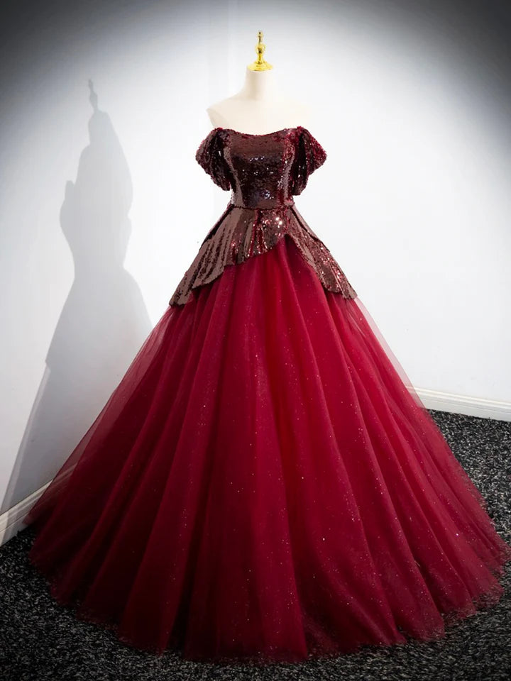 Luolandi Burgundy Tulle Sequins Floor Length Prom Dress Off the Shoulder Formal Evening Dress Sexy
