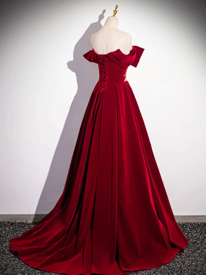 Luolandi Burgundy Velvet Sequins Long Prom Dress Elegant Off the Shoulder A-Line Formal Dress Sexy