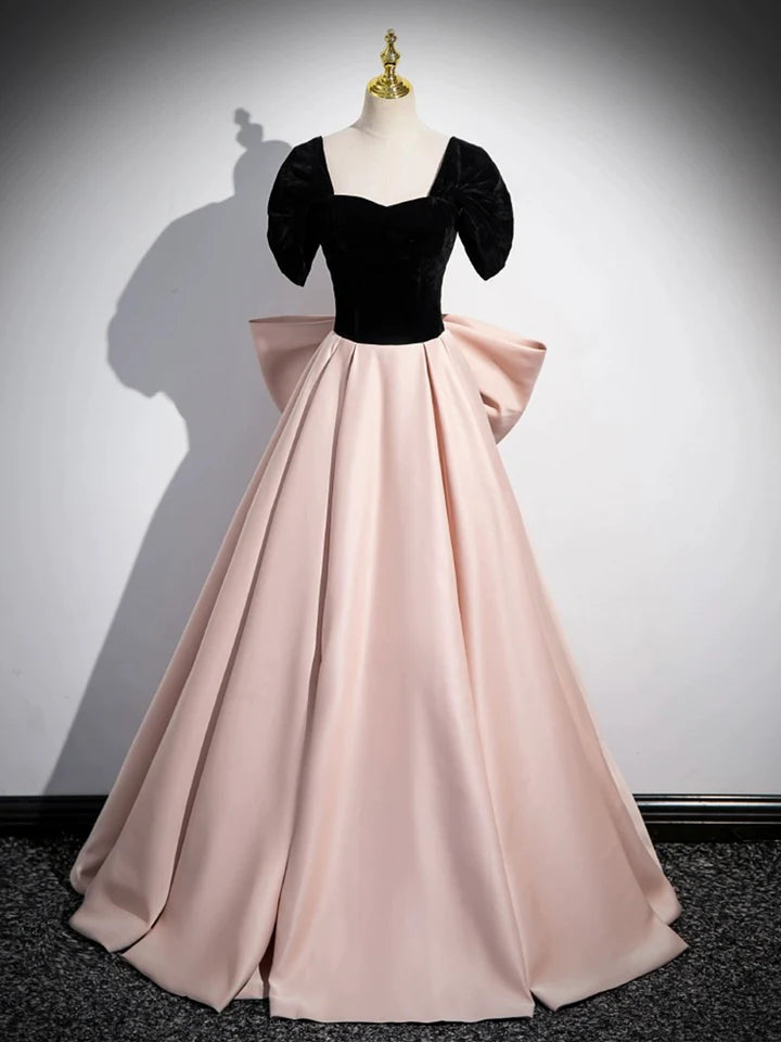 Luolandi Black Satin and Pink Satin Long Prom Dress Lovely A-Line Bow Party Evening Dress Floor Length