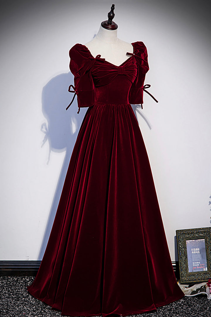 Luolandi Burgundy Velvet Long Prom Dresses A-Line Short Sleeve Evening Dresses Floor Length