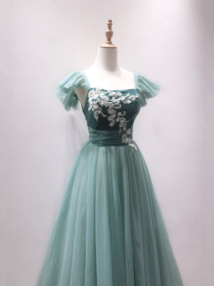 Luolandi Green Velvet Tulle Tea Length Prom Dress Cute A-Line Party Dress with Lace Homecoming Dresses