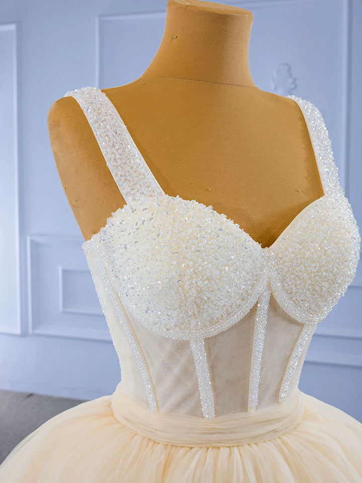 Luolandi Champagne Tea Length Tulle Beaded Party Dress Charming A-line Evening Graduation Dress