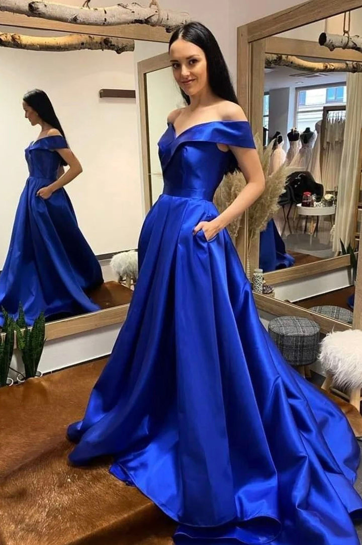 Luolandi Simple V-Neck Satin Long Prom Dress A-Line Off the Shoulder Evening Dress Sexy