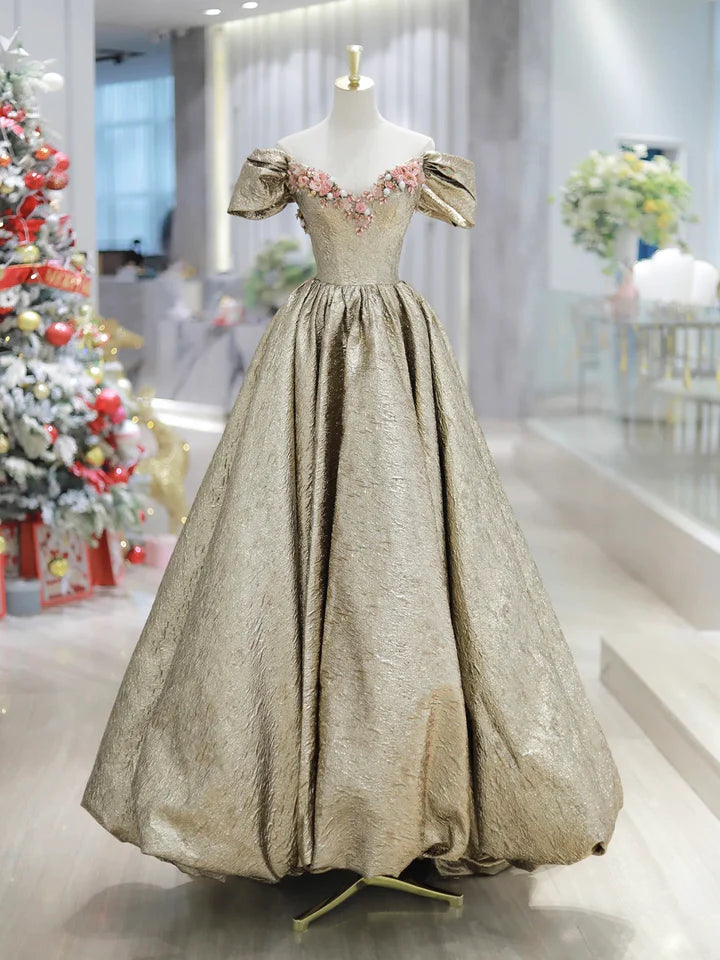 Luolandi Gold Satin V-Neck Long Prom Dress with Flowers Off the Shoulder A-Line Formal Dress With Flowers