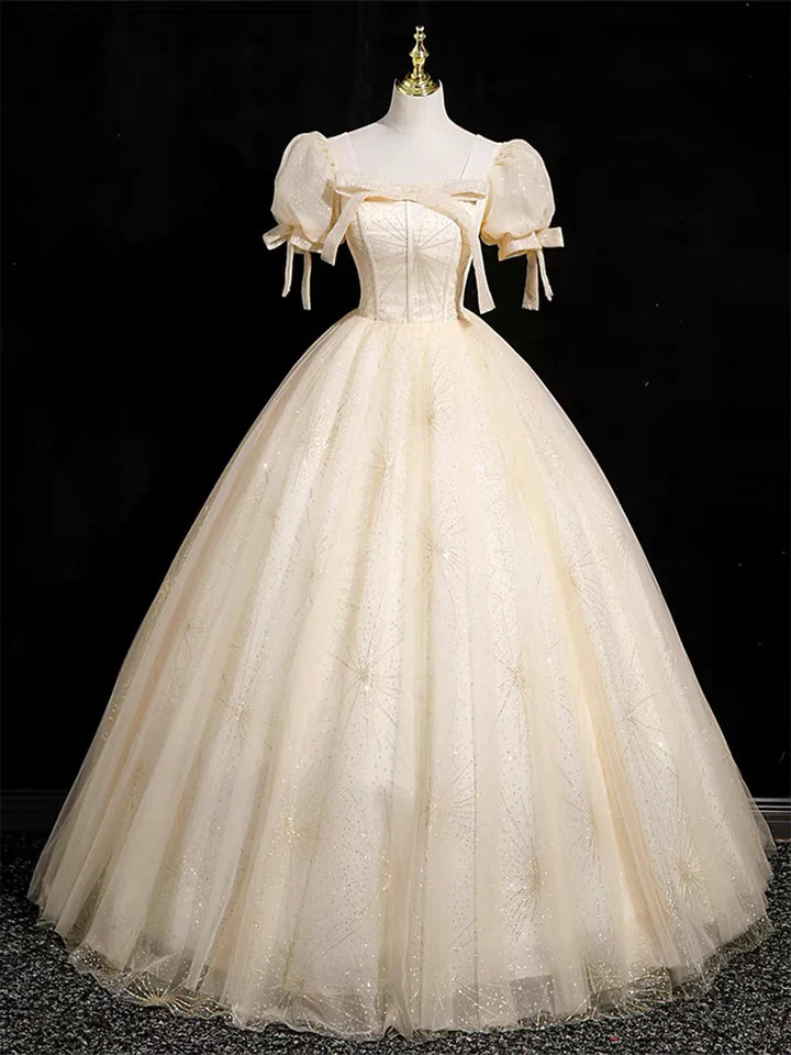 Luolandi Champagne Tulle Floor Length Prom Dress Cute Short Sleeve Evening Party Dress Beautiful