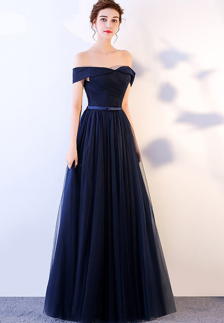 Luolandi Blue Tulle Long Prom Dresses A-Line Evening Dresses Off Shoulder Floor Length