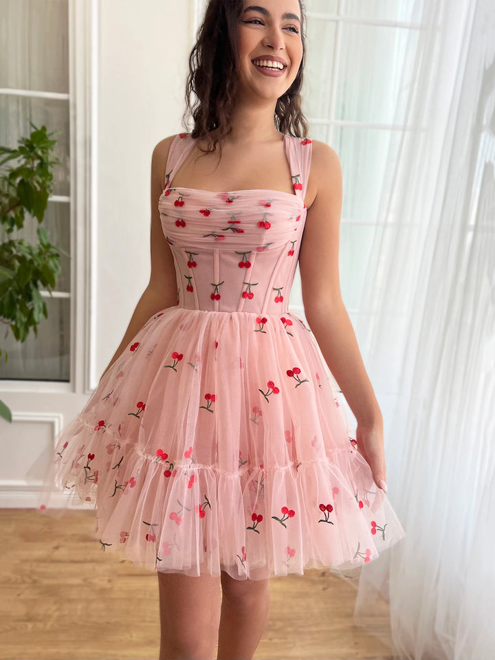 Luolandi Cute Cherry Tulle Mini Prom Dress Pink A-Line Lace-up Party Dress Homecoming Dress