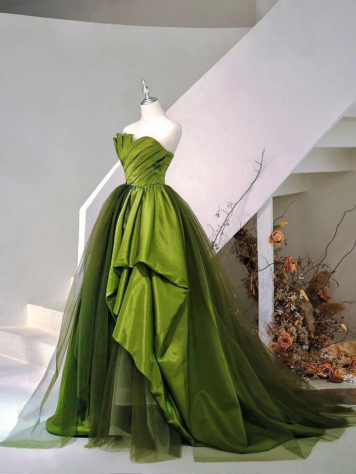 Luolandi A-Line Strapless Green Satin Tulle Sweep Train Prom Evening Dresses Off Shoulder