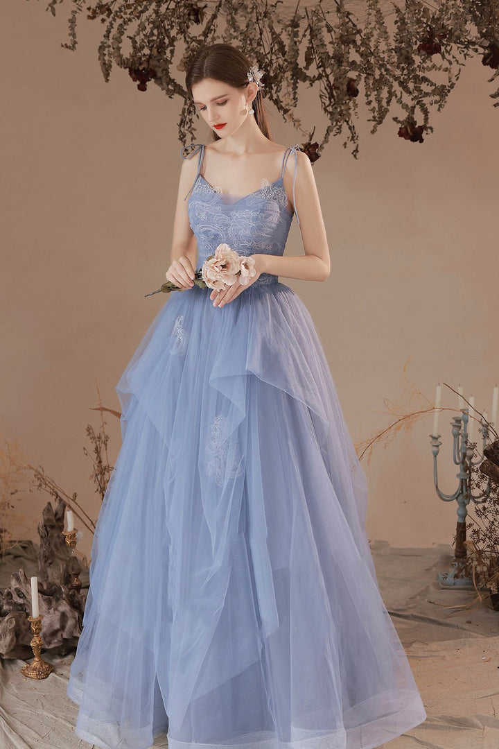 Luolandi Blue V-Neck Tulle Lace Long Prom Dress Lovely Spaghetti Straps Evening Dress Beautiful