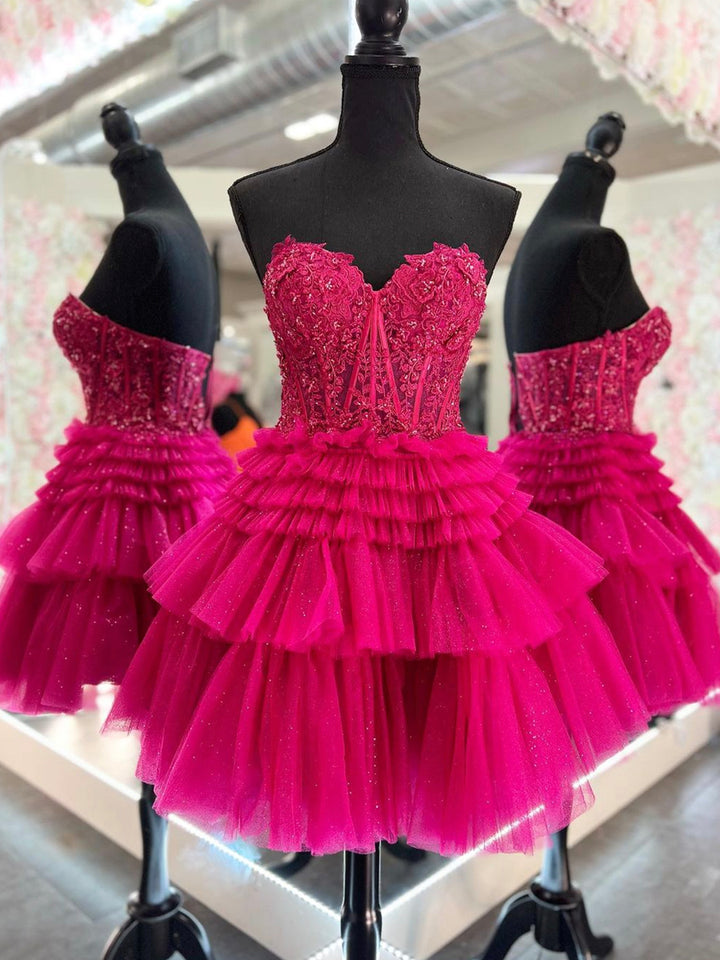 Luolandi Cute Tulle Layers Short Prom Dress Lace Strapless Homecoming Dress Sexy