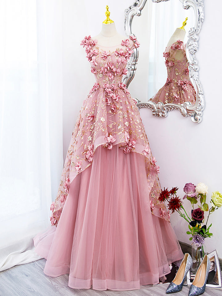 Luolandi Pink Tulle Long Prom Dress with Flowers Beautiful A-Line Sweet 16 Dress Floor Length