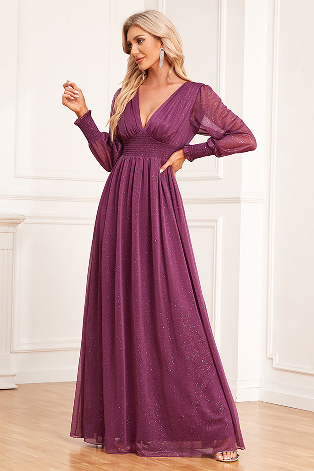 Luolandi A Line V Neck Long Sleeves Floor Length Wedding Party Dress Sparkly
