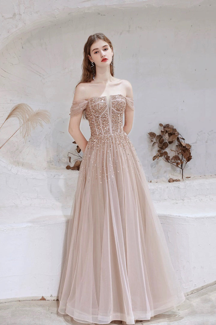 Luolandi Off Shoulder Tulle Sequins Long Prom Dress Champagne A-Line Formal Dress Sparkly Evening Dresses