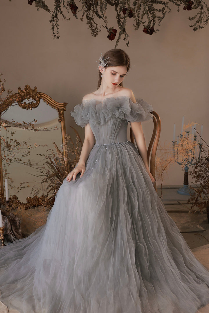 Luolandi Gray Tulle Long Prom Dress A-Line Off the Shoulder Evening Dress Sexy