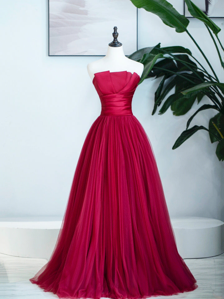 Luolandi Burgundy Strapless Tulle Prom Dress Burgundy Long Formal Dress Off Shoulder