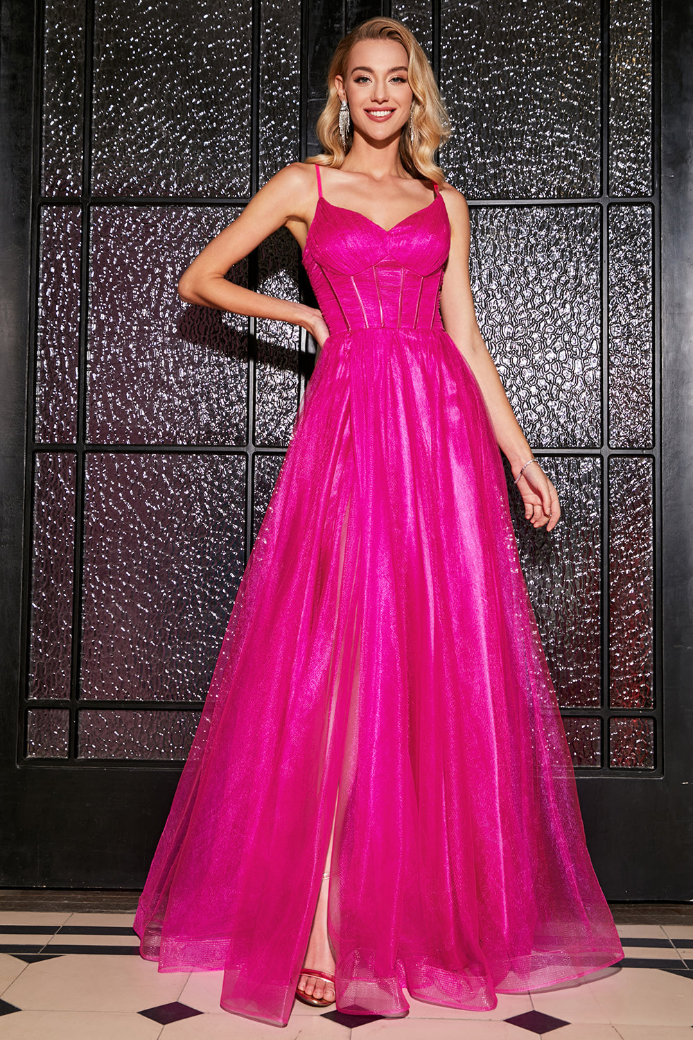 Luolandi Fuchsia A-Line Spaghetti Straps Long Corset Prom Dress with Slit Sexy Evening Dresses
