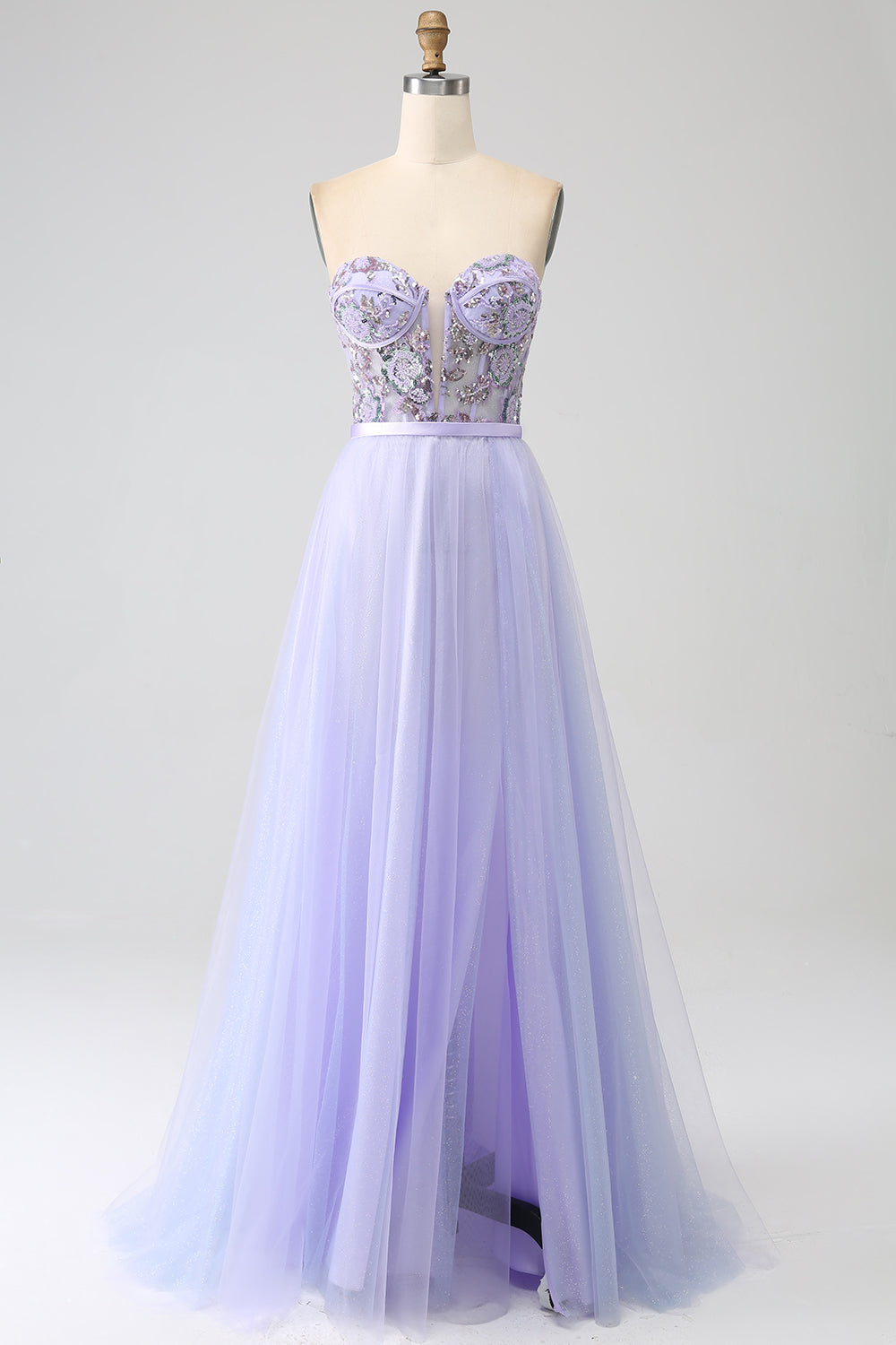 Luolandi A Line Tulle Sparkly Sequin Corset Prom Dress with Slit Off Shoulder Floor Length