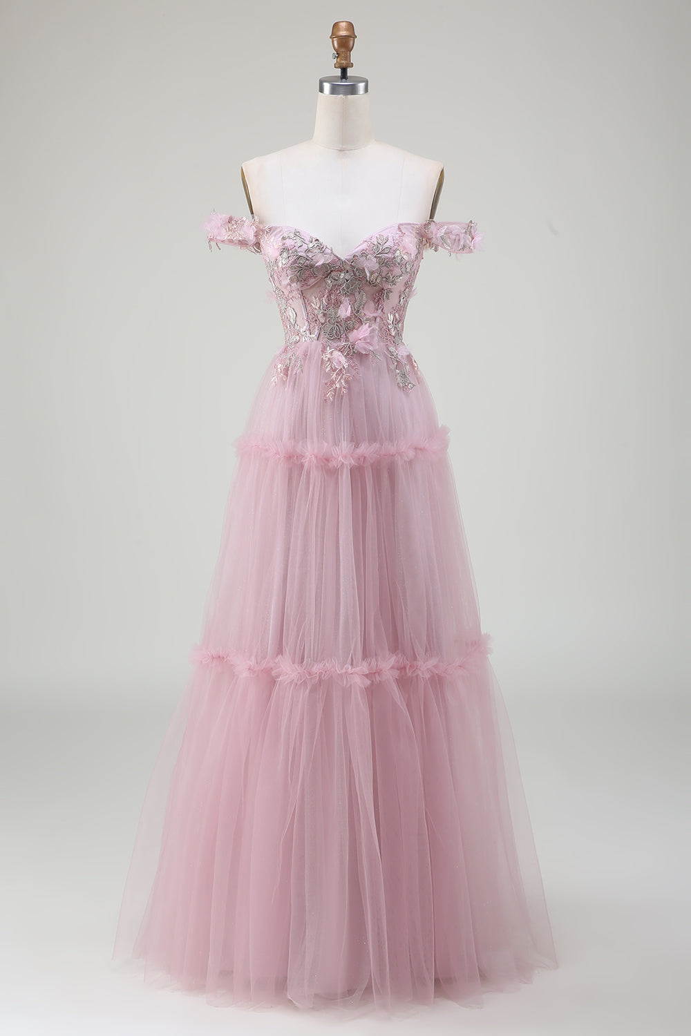 Luolandi Blush A-Line Off the Shoulder Tulle Long Prom Dress with Appliques Beautiful