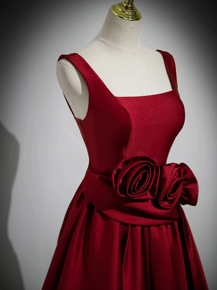 Luolandi Burgundy Satin Long Prom Dress with Flowers Elegant A-Line Party Dress Floor Length