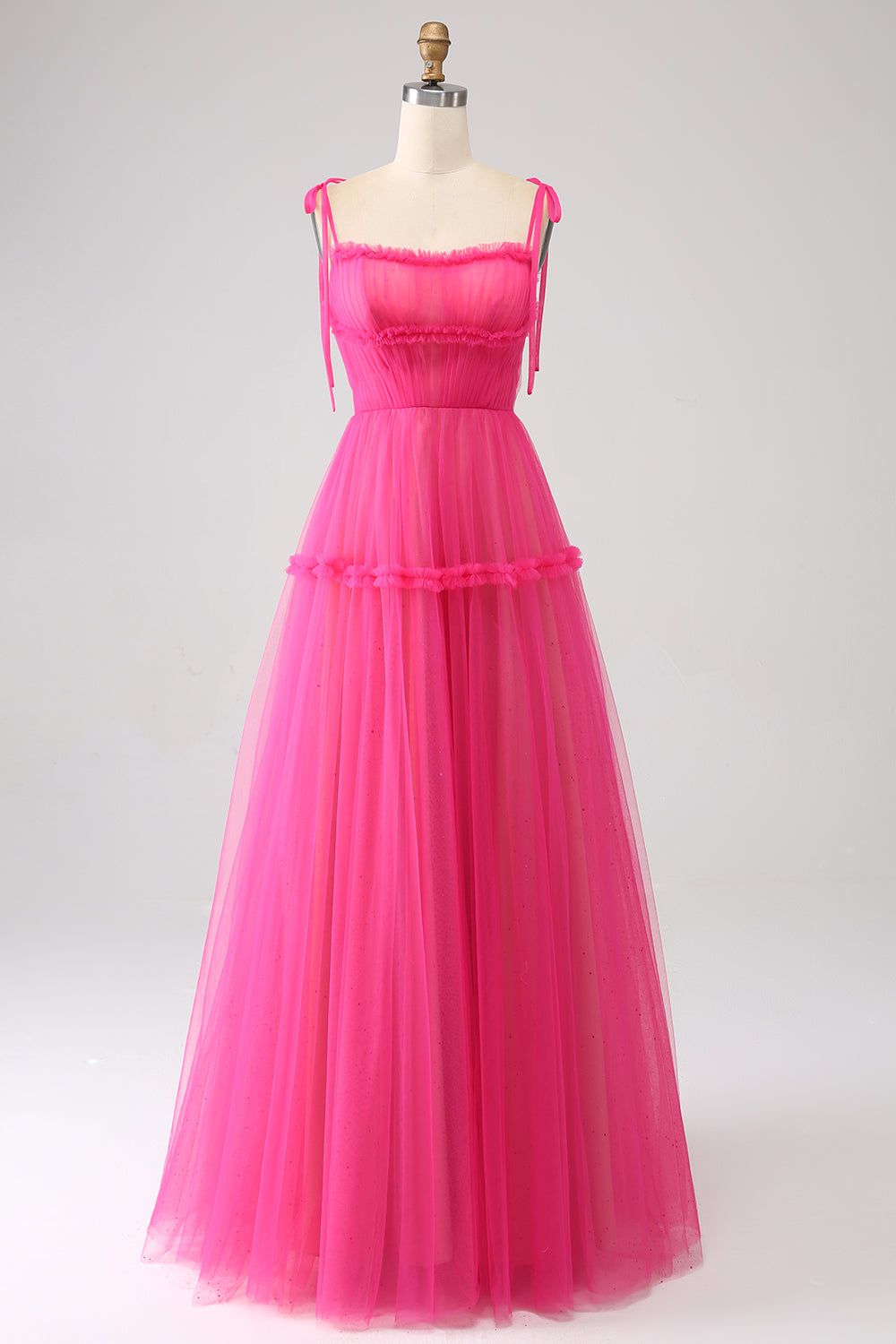 Luolandi Princess A-Line Spaghetti Straps Hot Pink Tulle Long Prom Dress Floor Length
