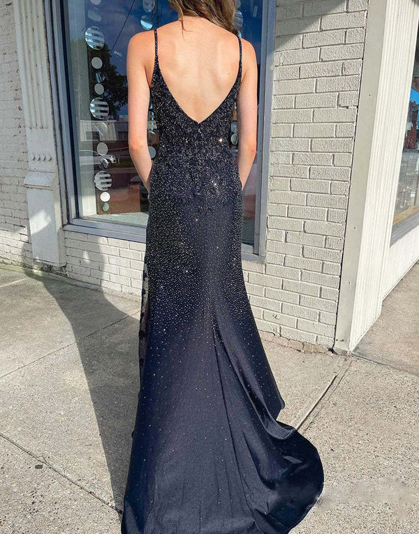 Luolandi Sexy Elegant V Neck Long Prom Dress With Beading Sparkly