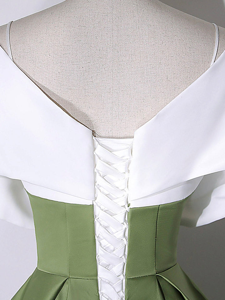 Luolandi +Green Satin Floor Length Prom Dress V-Neck Off the Shoulder Evening Dress Sexy