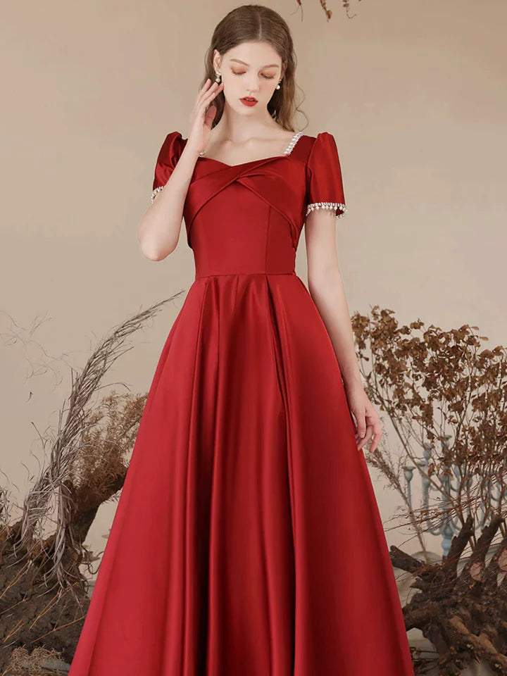 Luolandi Burgundy Satin Long Prom Dress Elegant Short Sleeve A-Line Evening Dress Party Dress Floor Length