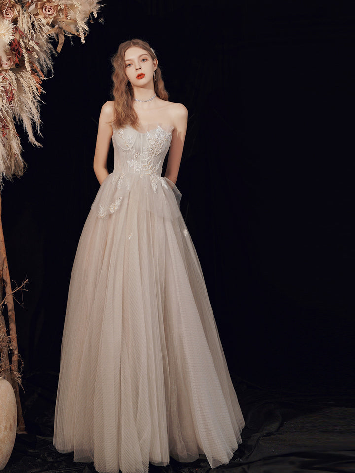 Luolandi Champagne Strapless Lace Long Prom Dress A-Line Evening Graduation Dress Off Shoulder