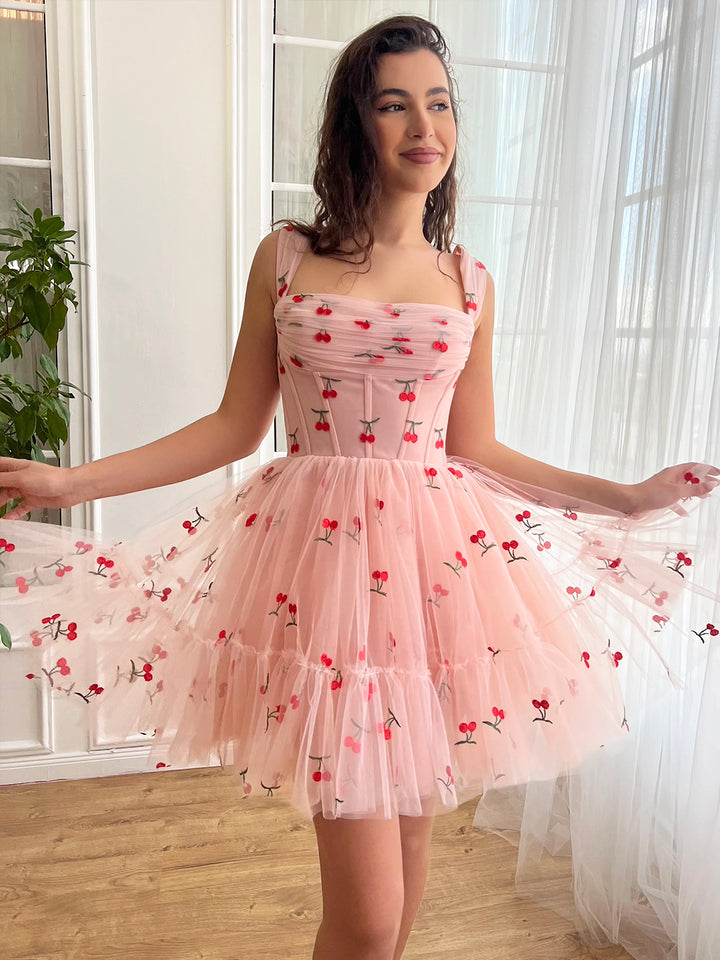 Luolandi Cute Cherry Tulle Mini Prom Dress Pink A-Line Lace-up Party Dress Homecoming Dress