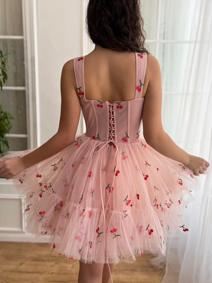 Luolandi Cute Cherry Tulle Mini Prom Dress Pink A-Line Lace-up Party Dress Homecoming Dress