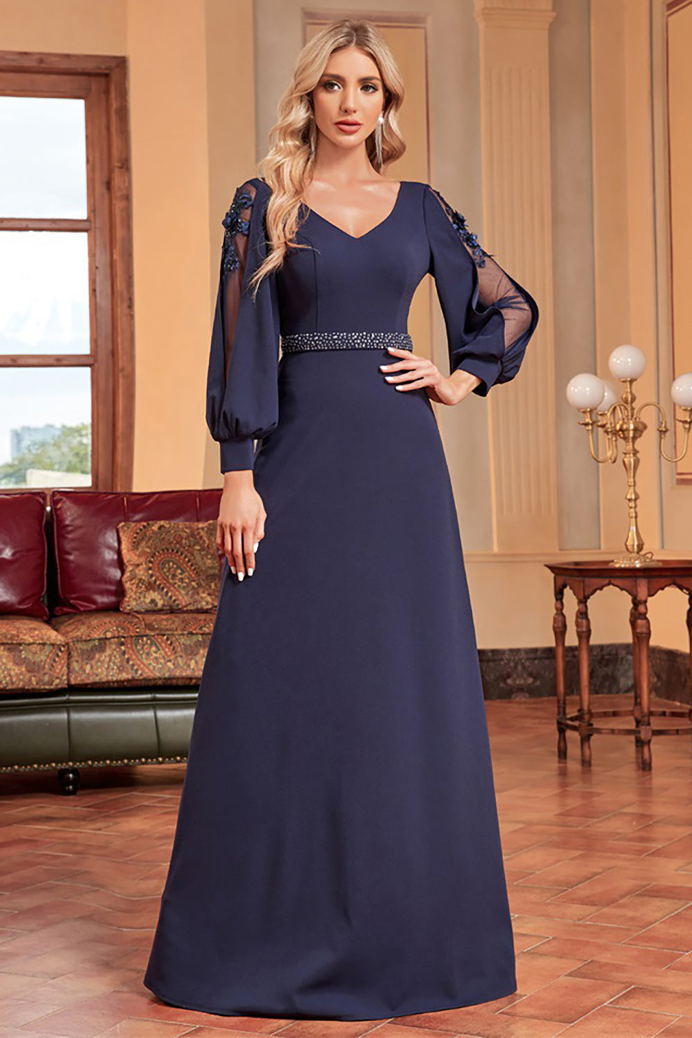 Luolandi A-Line Long Sleeves Floor Length Wedding Party Dress with Beading Mother of the Bride Dresses