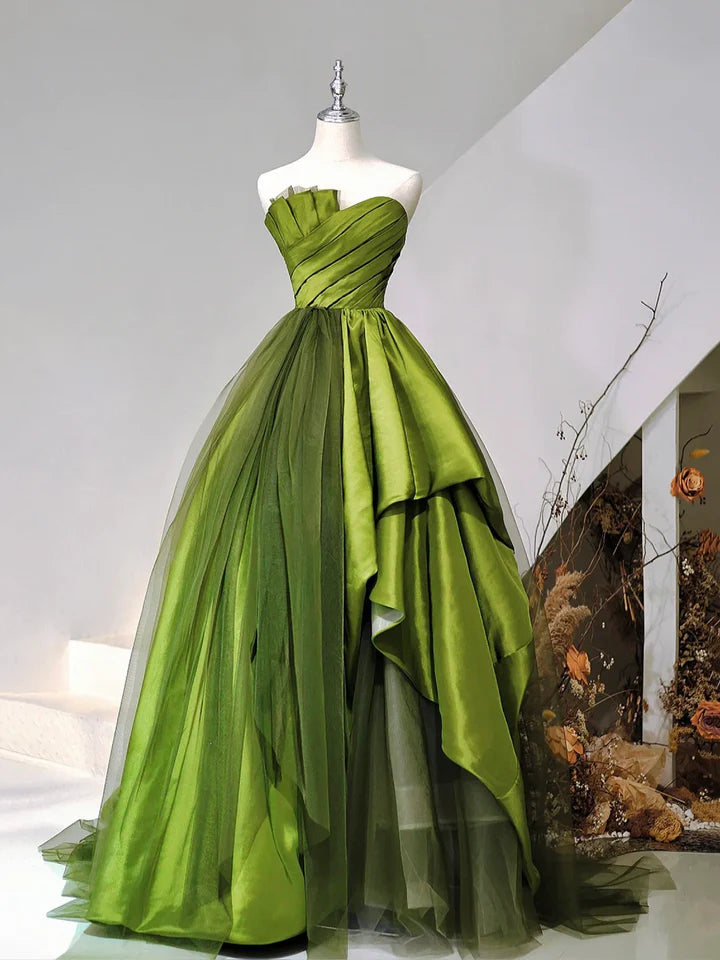 Luolandi A-Line Strapless Green Satin Tulle Sweep Train Prom Evening Dresses Off Shoulder