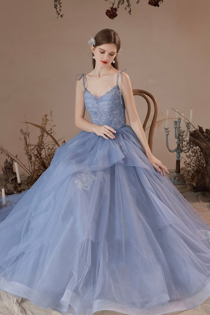 Luolandi Blue V-Neck Tulle Lace Long Prom Dress Lovely Spaghetti Straps Evening Dress Beautiful