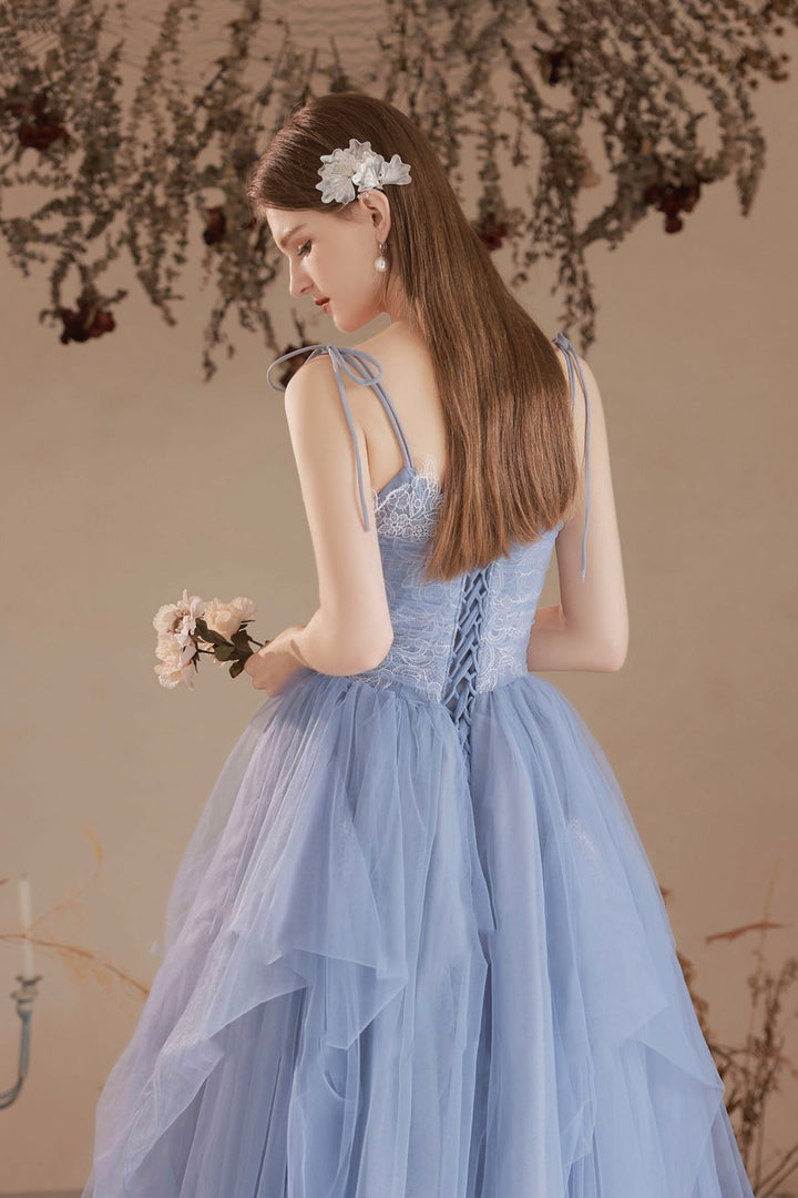 Luolandi Blue V-Neck Tulle Lace Long Prom Dress Lovely Spaghetti Straps Evening Dress Beautiful