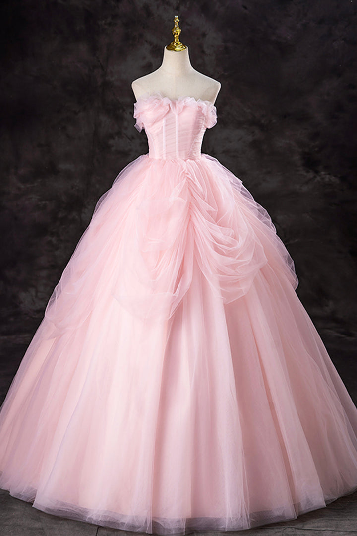 Luolandi A-Line Pink Tulle Long Formal Gown Pink Strapless Sweet 16 Princess Dress Prom Dress