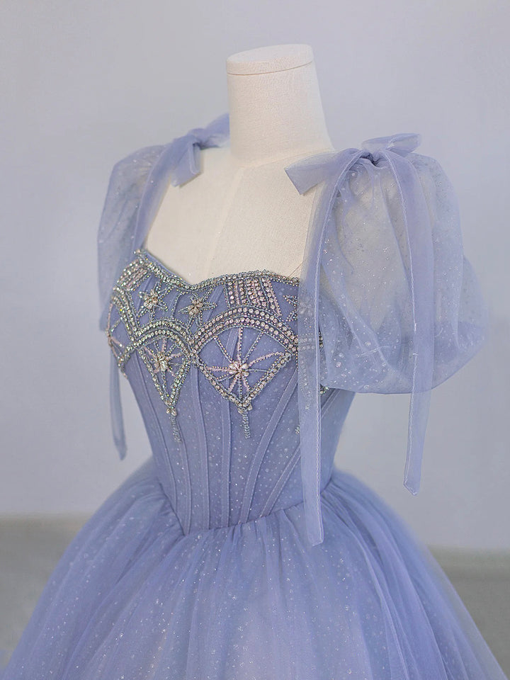 Luolandi Blue Tulle Beaded Floor Length Prom Dress A-Line Short Sleeve Evening Party Dress Beautiful