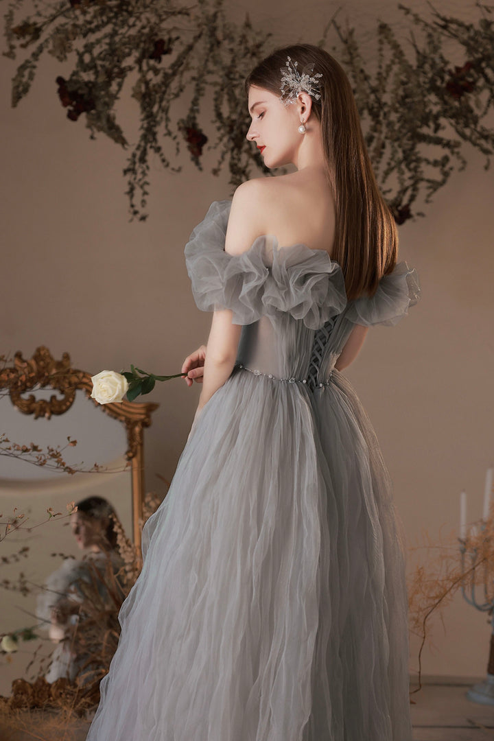 Luolandi Gray Tulle Long Prom Dress A-Line Off the Shoulder Evening Dress Sexy