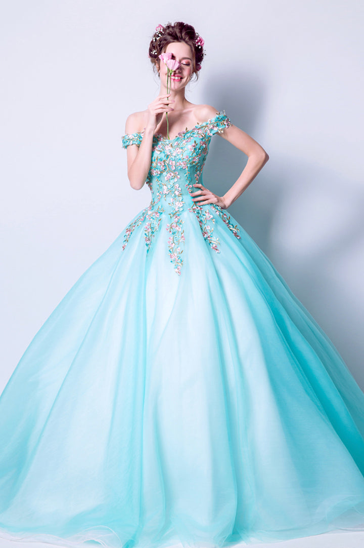 Luolandi Blue Tulle Lace Long Prom Dresses A-Line Off the Shoulder Evening Dresses With Flowers