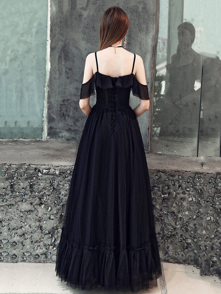 Luolandi Black Spaghetti Strap Tulle Floor Length Formal Dress A-Line Black Party Dress with Lace Sexy